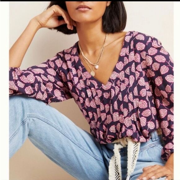 Anthropologie Maeve Cathy Pleated V-Neck Plum Top - Picture 3 of 11